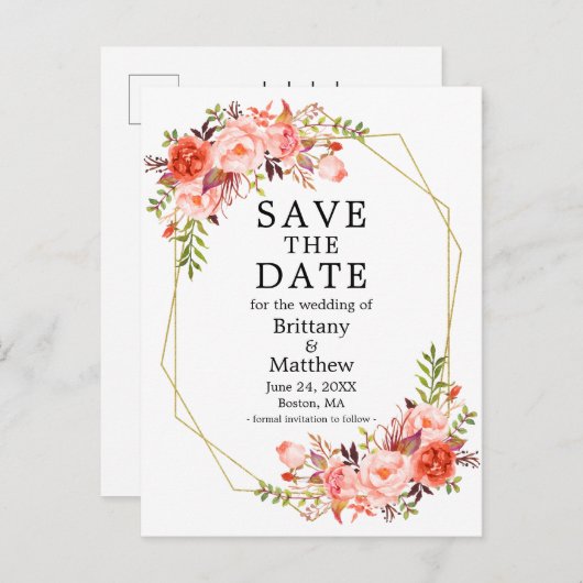 水彩サンゴバラジオフレーム日付を保存 ポストカード (正面/裏面)