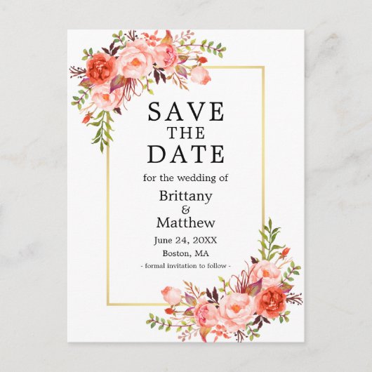 水彩サンゴバラ金ゴールドフレーム日付を保存 ポストカード (正面)