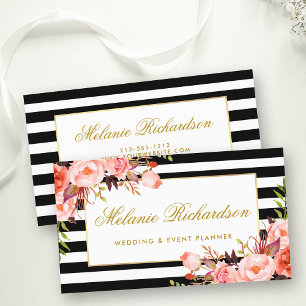 水彩サンゴフローラエレガント金ゴールド黒ストライプの 名刺