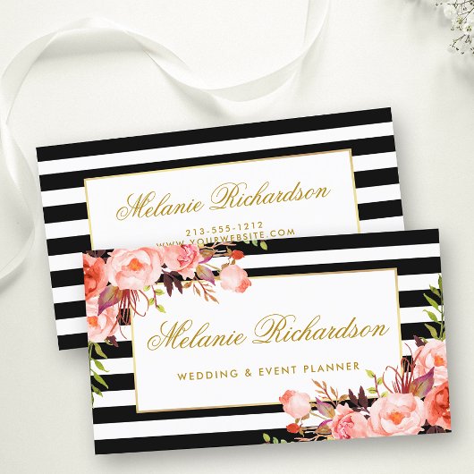 水彩サンゴフローラエレガント金ゴールド黒ストライプの 名刺