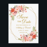 水彩サンゴフローラ金ゴールドフレーム日付の保存 案内ポストカード<br><div class="desc">水モダン彩コーラル·フローラ、金ゴールド·ジオメトリ·フレーム、日付の保存エレガント婚約はがき-金ゴールド文字</div>