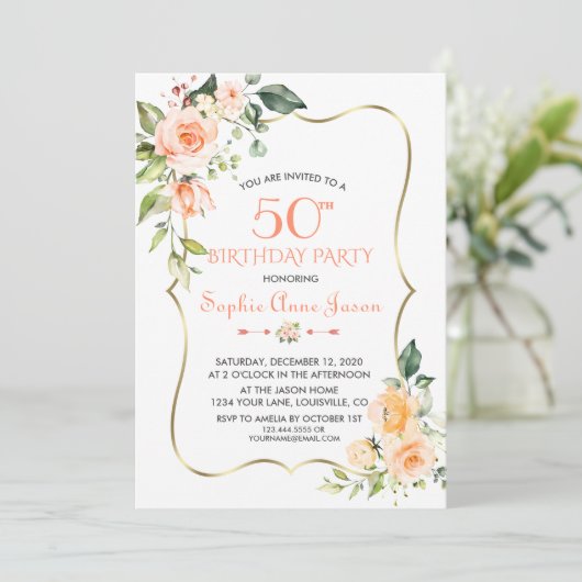 水彩サンゴフローラ金ゴールドフレーム50誕生日 招待状 (スタンド正面)