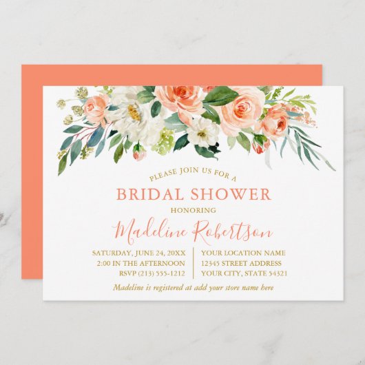 水彩サンゴフローラ金ゴールドブライダルシャワー 招待状 (正面/裏面)