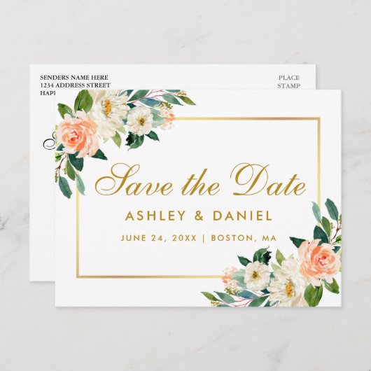 水彩サンゴフローラ金ゴールド保存日 案内ポストカード (正面/裏面)
