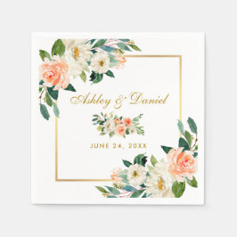水彩サンゴフローラ金ゴールド結婚フレーム スタンダードカクテルナプキン