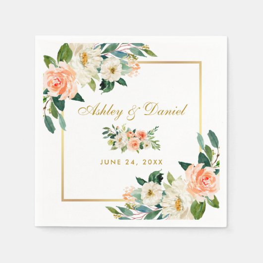 水彩サンゴフローラ金ゴールド結婚フレーム スタンダードカクテルナプキン (正面)