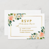 水彩サンゴフローラ金ゴールド結婚式RSVP 出欠カード (正面/裏面)