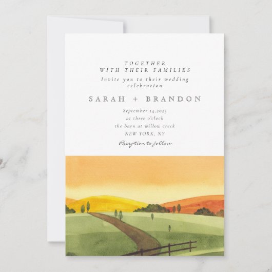 水彩サンセットグリーンフィールド結婚式招待状 招待状 (正面)