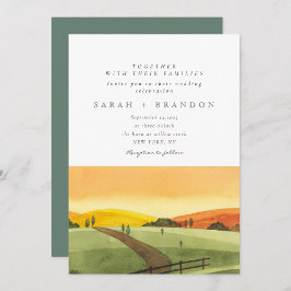 水彩サンセットグリーンフィールド結婚式招待状 招待状