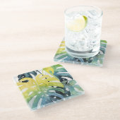 水彩サンセットパームツリー葉 ガラスコースター (アングル)