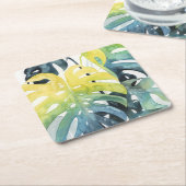 水彩サンセットパームツリー葉 スクエアペーパーコースター (アングル)