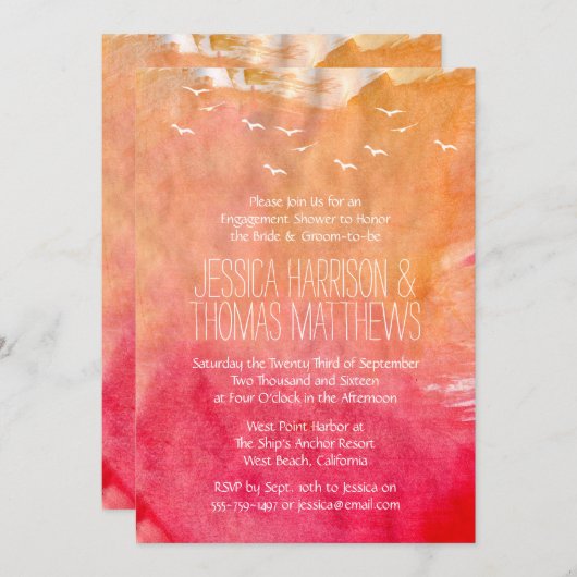水彩サンセットビーチ婚約シャワー又はパーティー 招待状 (正面/裏面)
