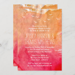 水彩サンセットビーチ婚約シャワー又はパーティー 招待状