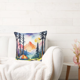水彩サンセットマウンテンレイクキャンピングシーン クッション