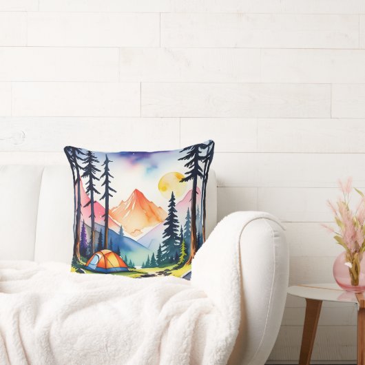 水彩サンセットマウンテンレイクキャンピングシーン クッション (ソファ)