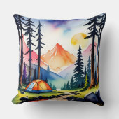 水彩サンセットマウンテンレイクキャンピングシーン クッション (正面)