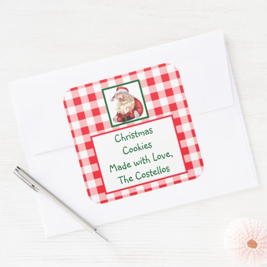 水彩サンタ 赤チェック クッキー スクエアシール (封筒)