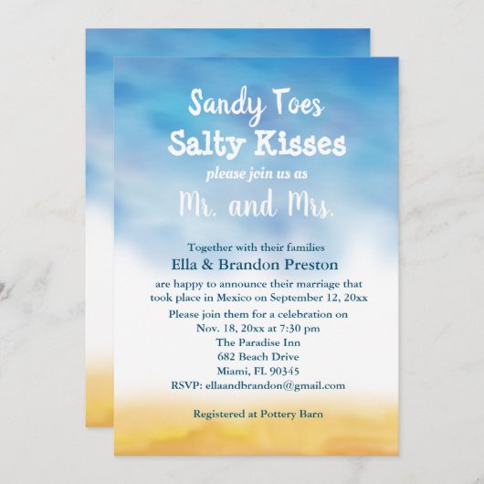 水彩サンディつま先ウェディングレセプション後 招待状 (正面/裏面)