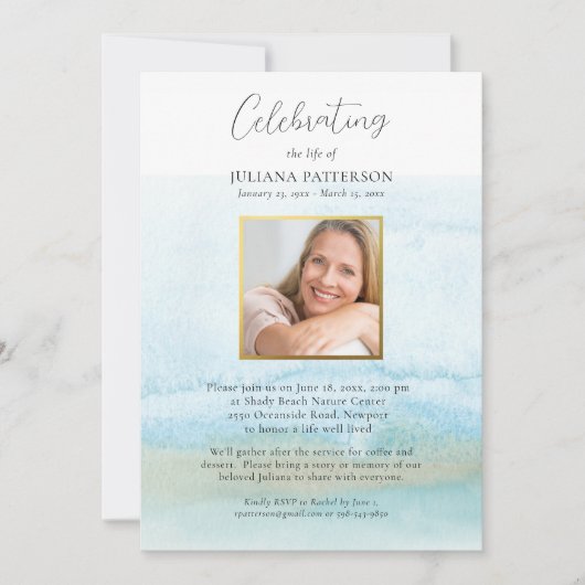 水彩サンディビーチお祝いの写真 招待状 (正面)