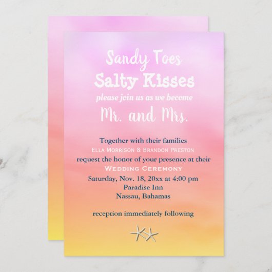 水彩サンディ足指ウェディングサンセットを招待 招待状 (正面/裏面)