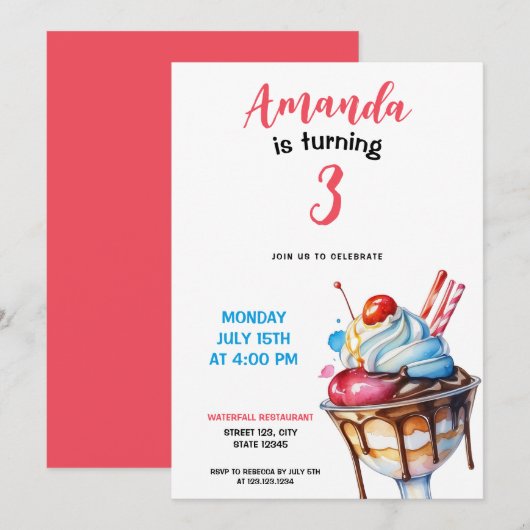 水彩サンデーアイスクリーム誕生日 招待状 (正面/裏面)
