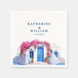 水彩サントリーニ結婚ギリシャの青と白 スタンダードカクテルナプキン