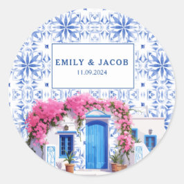水彩サントリーニ結婚ギリシャの青と白 ラウンドシール