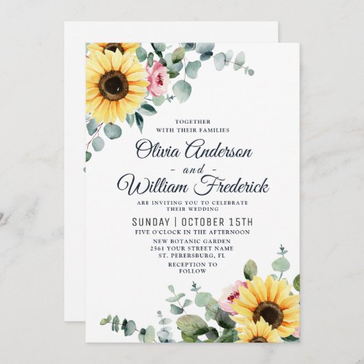 水彩サンフラワーズユーカリ開花結婚ズ 招待状 (正面/裏面)