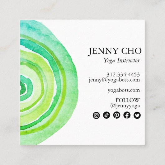 水彩サークルリングや輪抽象芸術ミニマリストグリーン スクエア名刺 (裏面)