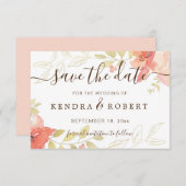 水彩サーモンピンクのバラ&金ゴールドの葉救T セーブザデート (正面/裏面)