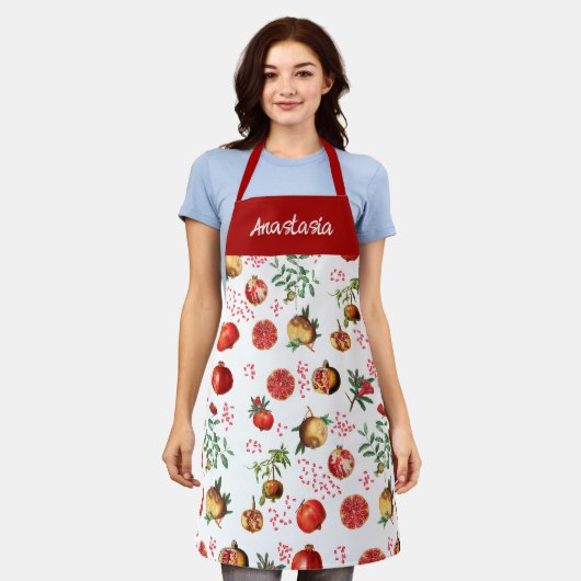 水彩ザクロ地中海のン果柄 エプロン (着用した状態)