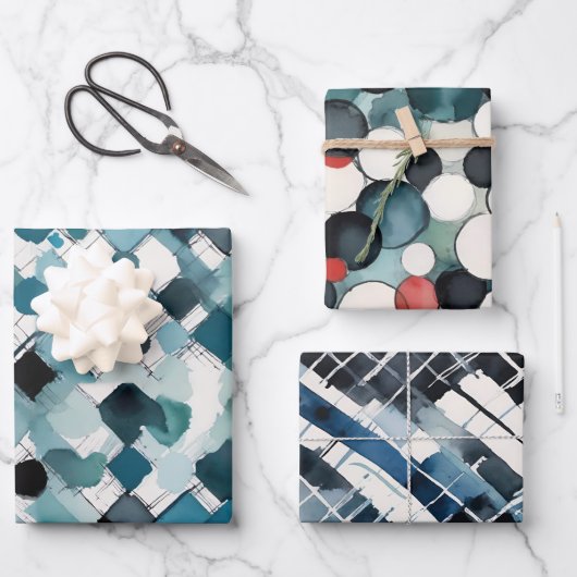 水彩シェイプのダイヤモンド円の長方形ブルー ラッピングペーパーシート (正面)