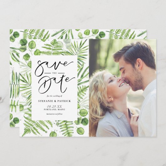 水彩シダとユーカリのフレーム写真 セーブザデート (正面/裏面)