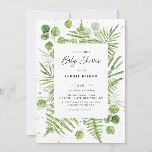 水彩シダとユーカリのフレーム赤ちゃんシャワー 招待状 (正面)