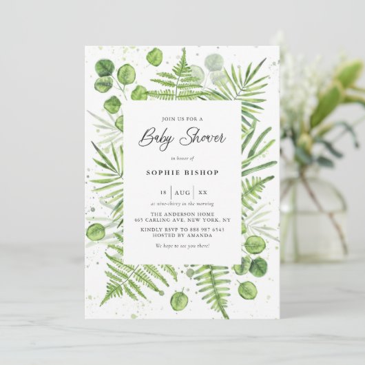 水彩シダとユーカリのフレーム赤ちゃんシャワー 招待状 (スタンド正面)