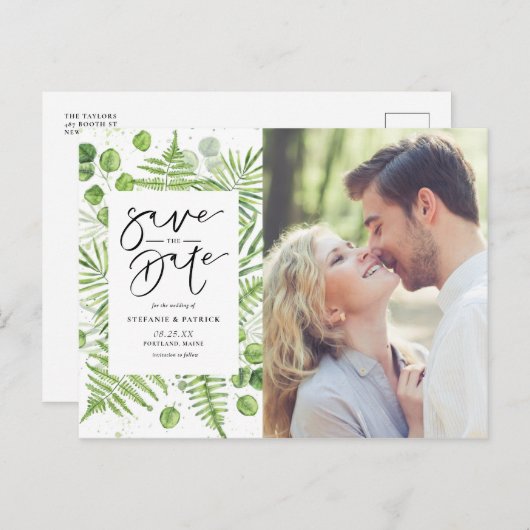 水彩シダとユーカリ写真Save the Date 案内ポストカード (正面/裏面)