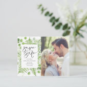 水彩シダとユーカリ写真Save the Date 案内ポストカード (スタンド正面)