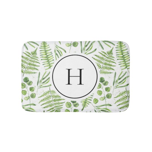 水彩シダとユーカリ模様モノグラム バスマット (正面)