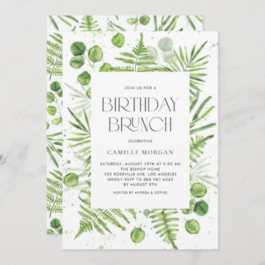 水彩シダ&ユーカリプタスフレームバースデーパーティー 招待状 (正面/裏面)
