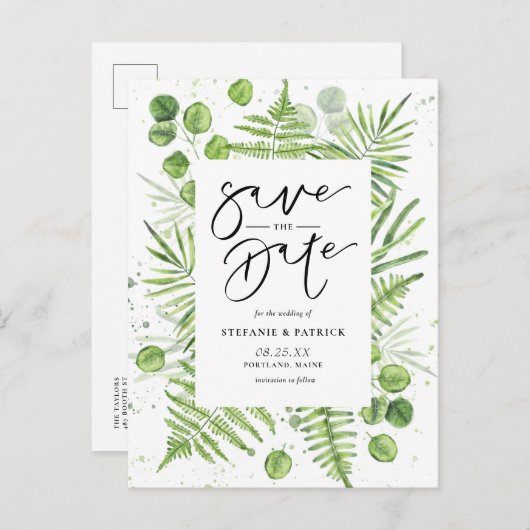 水彩シダ&ユーカリプタスフレーム日付を保存 案内ポストカード (正面/裏面)