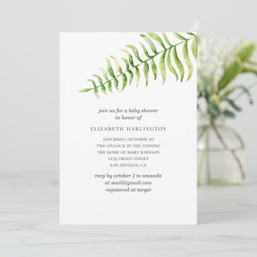 水彩シダ。緑の植物性の赤ちゃんシャワー 招待状 (スタンド正面)