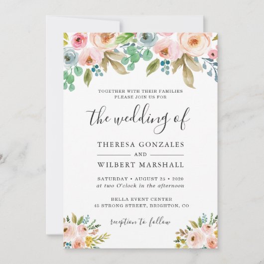 水彩シックフローラフォト結婚式招待状 招待状 (正面)