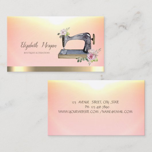 水彩シック裁縫マシンフラワー金ゴールドストライプ 名刺 (正面/裏面)