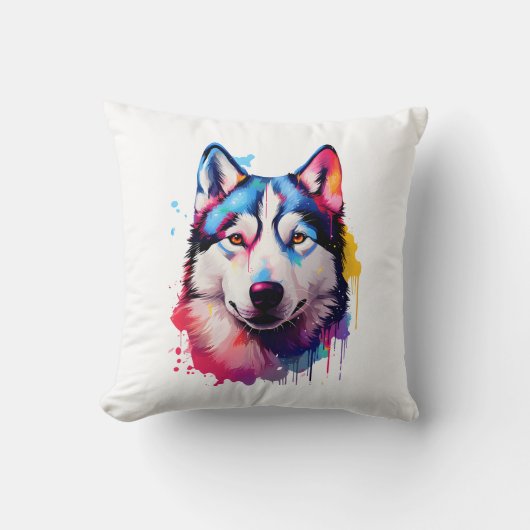 水彩シベリアのハスキーカラフルアート クッション (正面)
