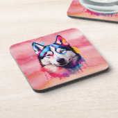 水彩シベリアのハスキーカラフルアート コースター (左側)