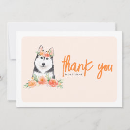 水彩シベリアハスキーピーチフラワーズ誕生日 サンキューカード