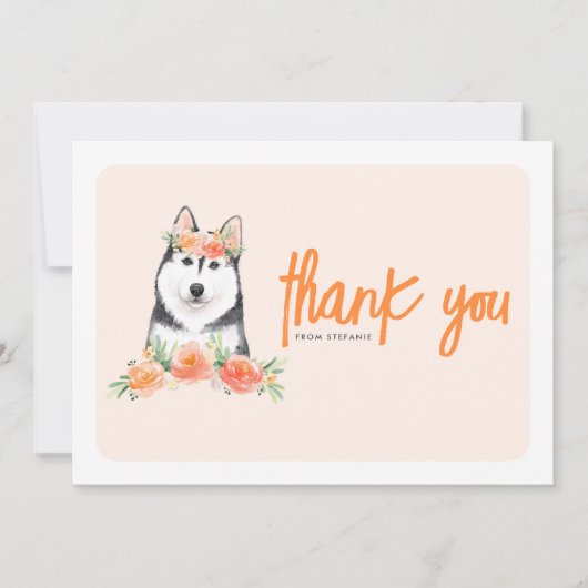 水彩シベリアハスキーピーチフラワーズ誕生日 サンキューカード (正面)
