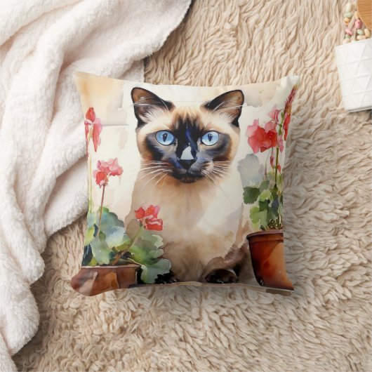 水彩シャム猫と赤ゼラニウムの花 クッション (ブランケット)