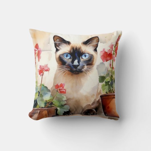 水彩シャム猫と赤ゼラニウムの花 クッション (正面)