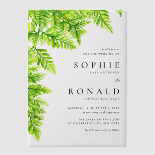 水彩シャルトレウスグリーン離れファーン結婚ズ ベラム紙招待状 (正面)